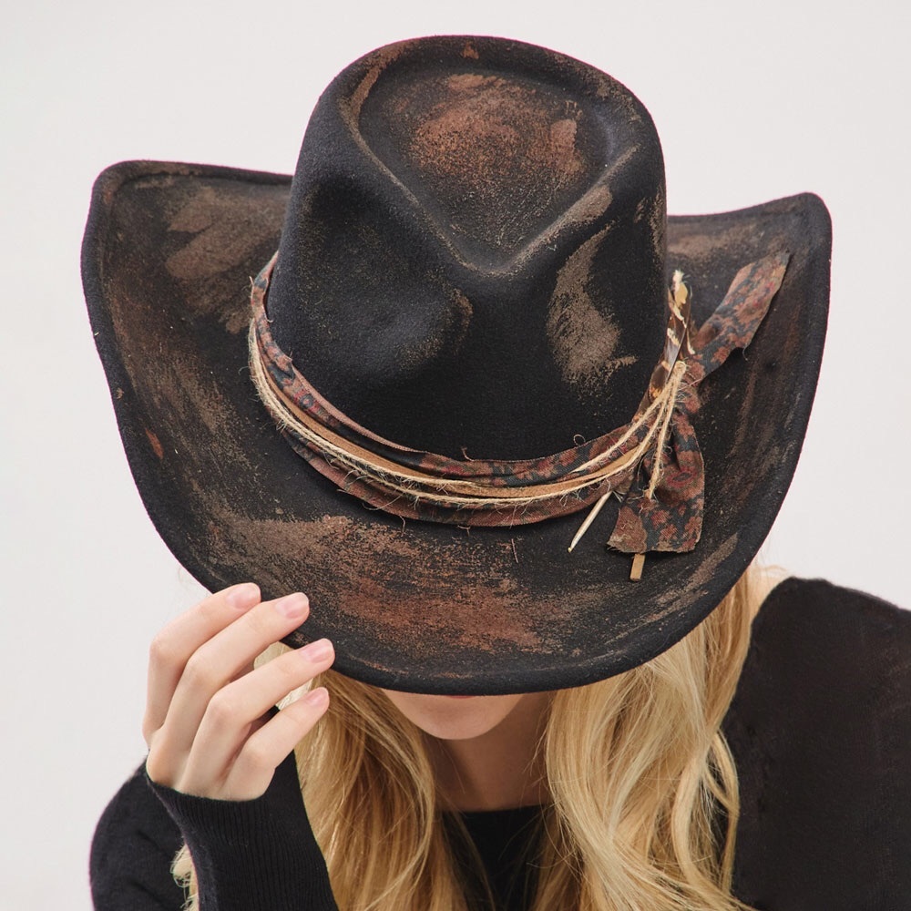 Black & Brown Vintage Inspired Distressed Fabric Band Rustic Western Fedora Hat